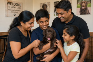 Family taking home their Labrador Retriever puppy from Lucky Labs Ontario